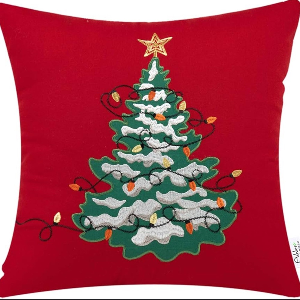 Neiman Marcus Red Holiday Pillow with Christmas Tree Design